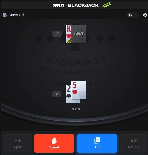 Blackjack by 1win Games game window with a dealt hand