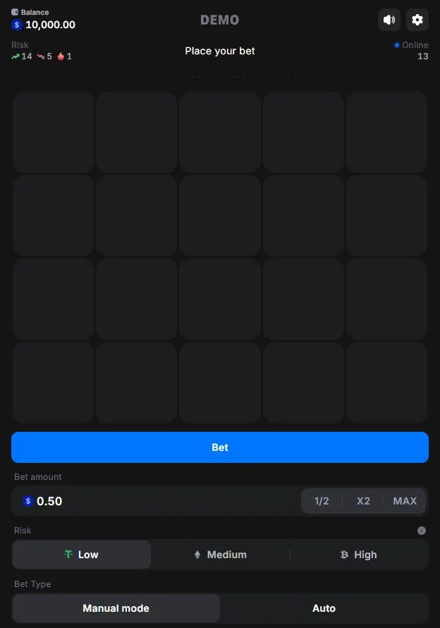 Crypto Mines game window with a 5x4 board