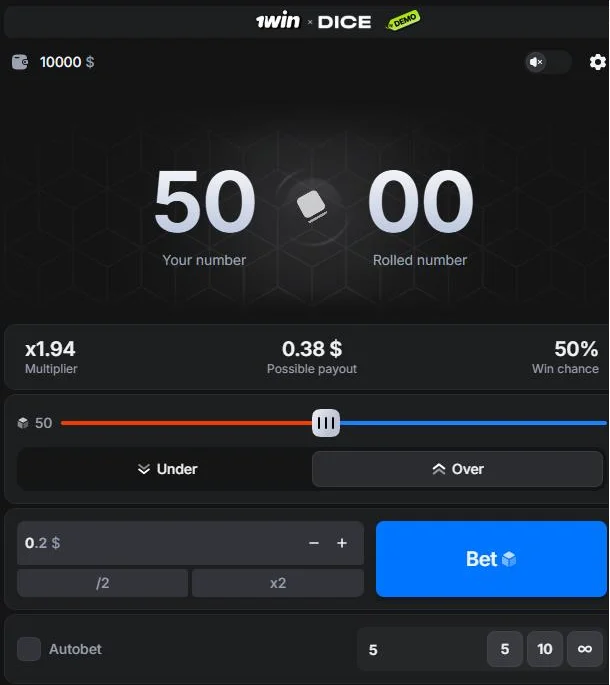 Dice game window with number 50