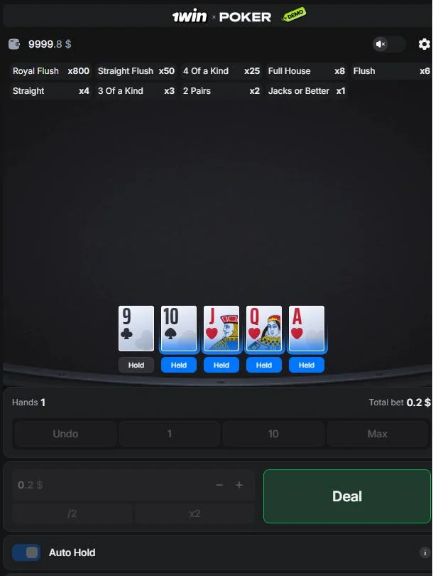 Poker by 1win Games game window with held cards