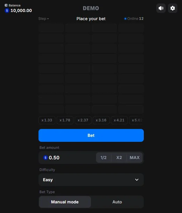 Towers game window with floors and multipliers