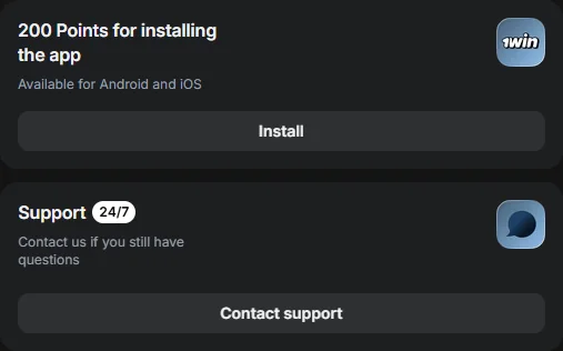 Screenshot: 1win app install and 24/7 support cards