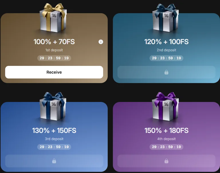 Screenshot: 1win welcome bonus: four deposit offers