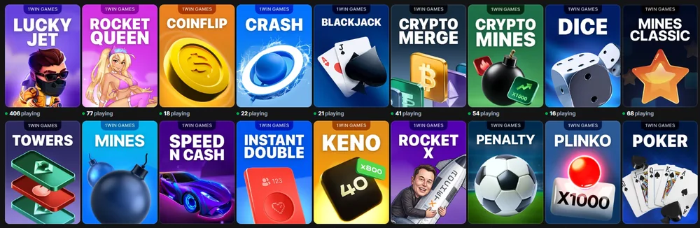 Screenshot: the 1win games category of the lobby