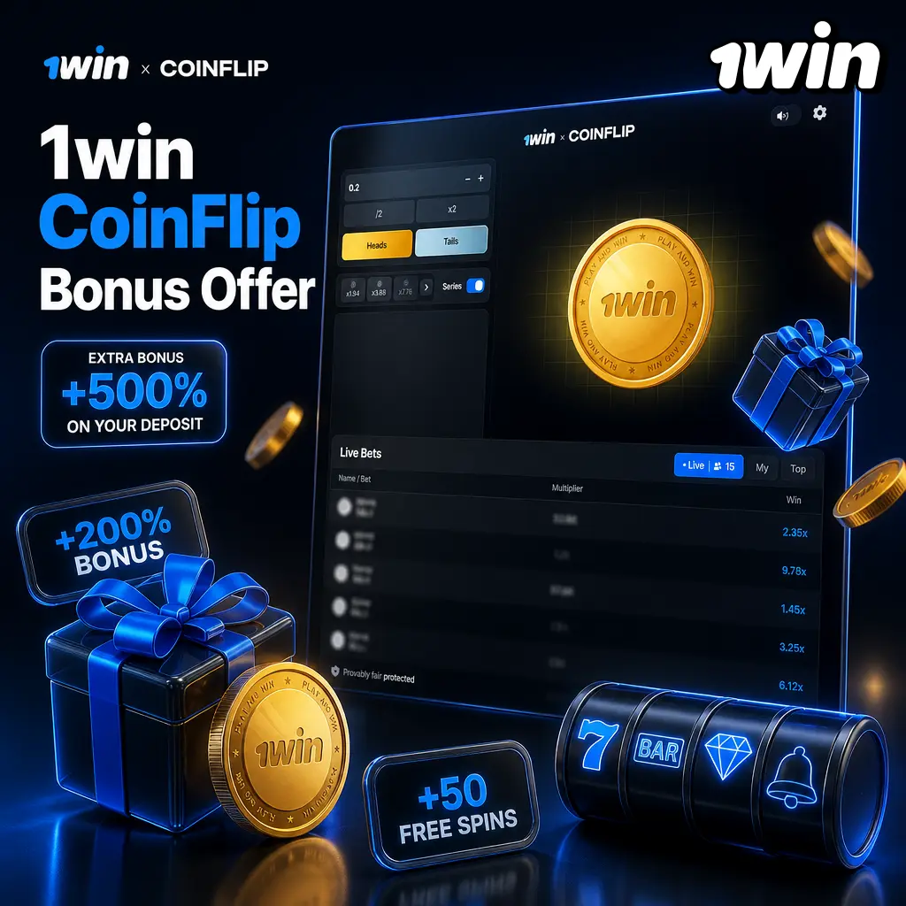 1win CoinFlip welcome bonus: up to 500% + 500 FS on four deposits, or 600% + 500 FS with crypto first deposit