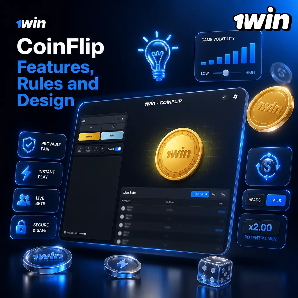 CoinFlip game screen at 1win casino showing 3D coin animation, heads or tails choice, and 97% RTP display