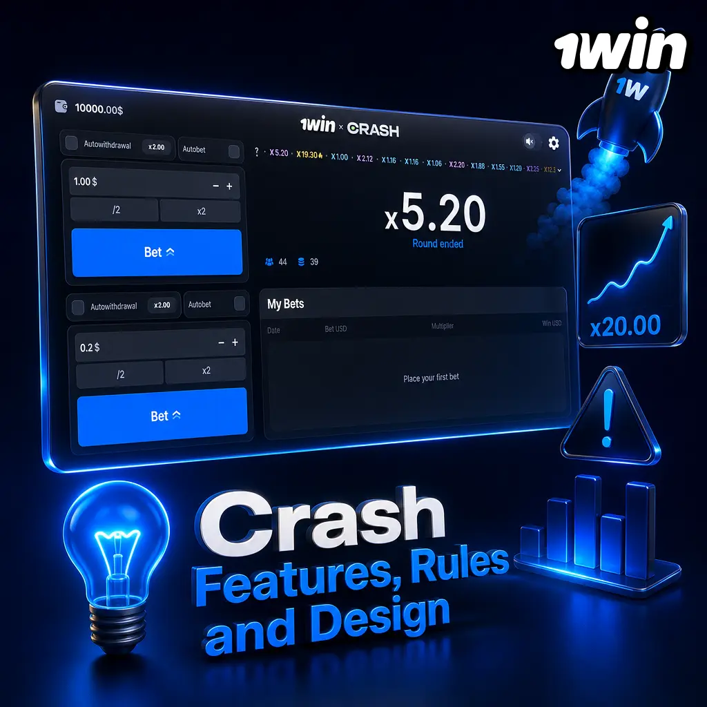 Crash game screen at 1win casino showing rising multiplier curve, rocket icon, and cash-out interface.