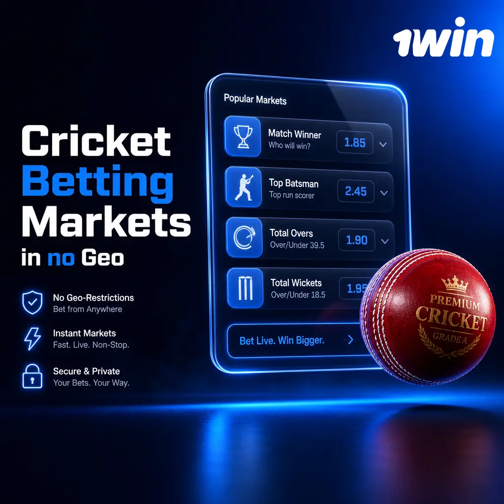 Cricket betting markets on 1win: match winner, toss, top batsman, total runs, session betting, and more.