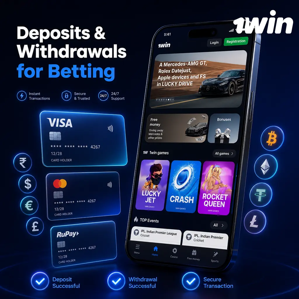 1win cashier screen showing crypto and bank deposit/withdrawal options for betting accounts