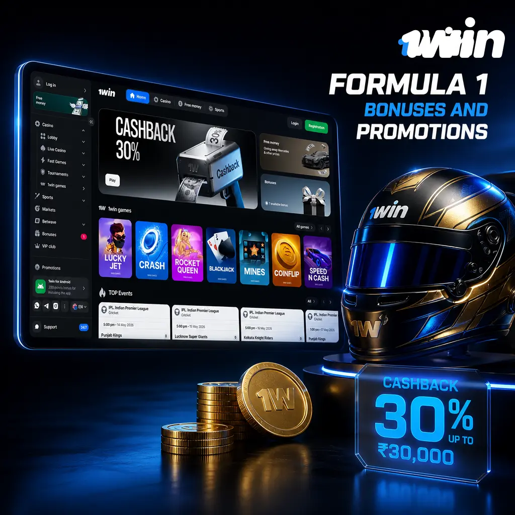 1win Formula 1 welcome bonus offering up to 600% match and 500 free spins for new crypto depositors