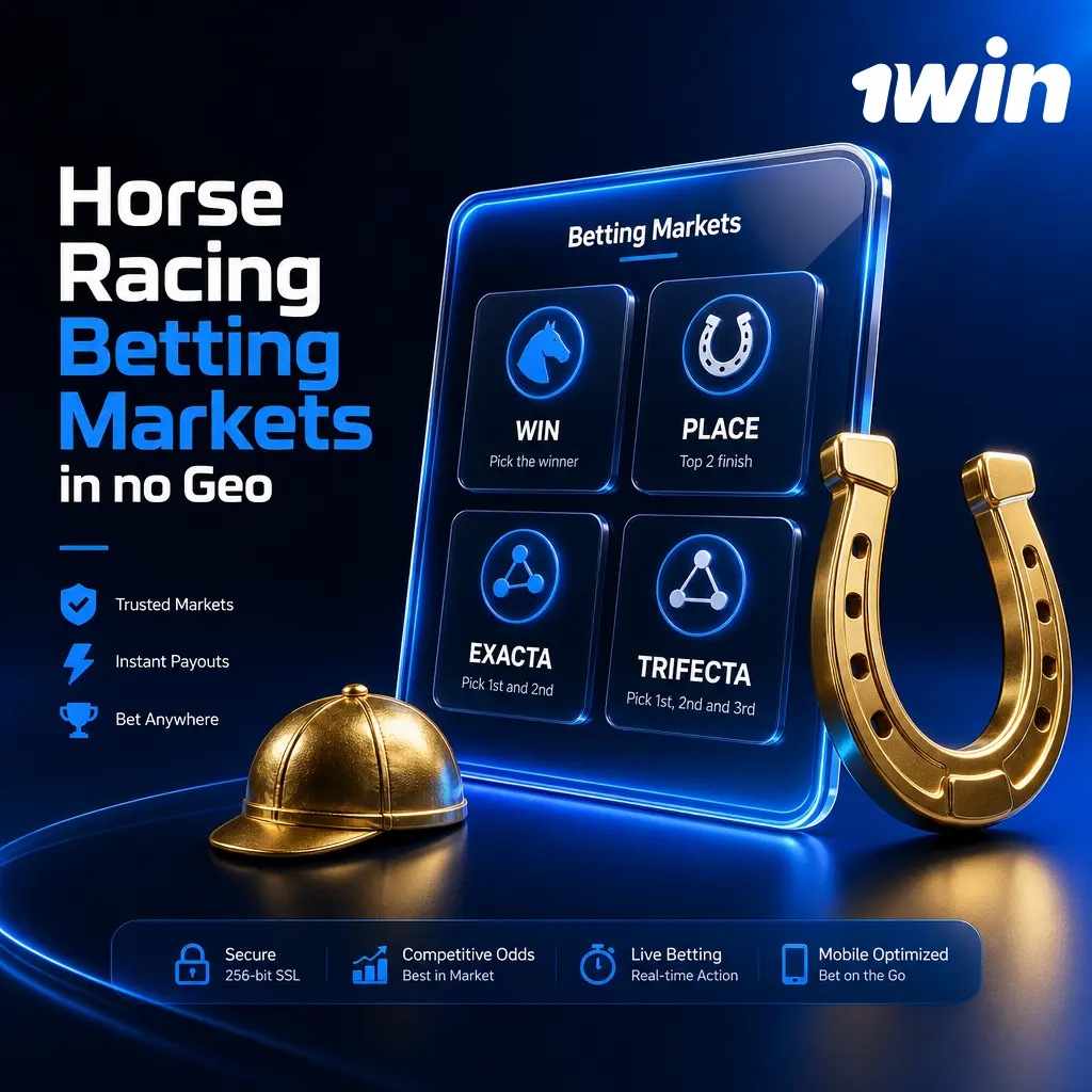 1win horse racing betting markets: Win, Place, Show, Exacta, Trifecta, and Each-Way bets for 2026 race meetings.