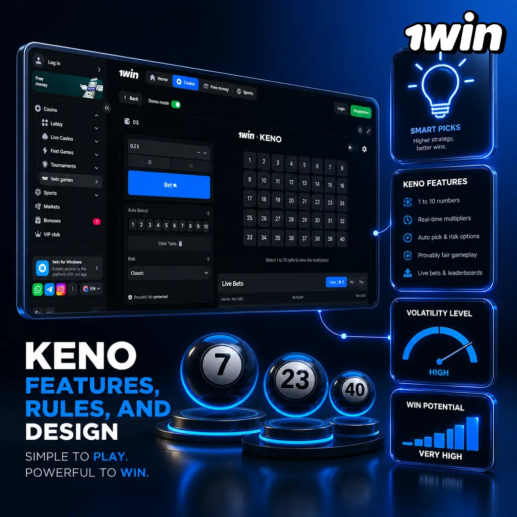 Keno on 1win: pick numbers from an 80-number board, match a 20-number draw, and win with 97% RTP.