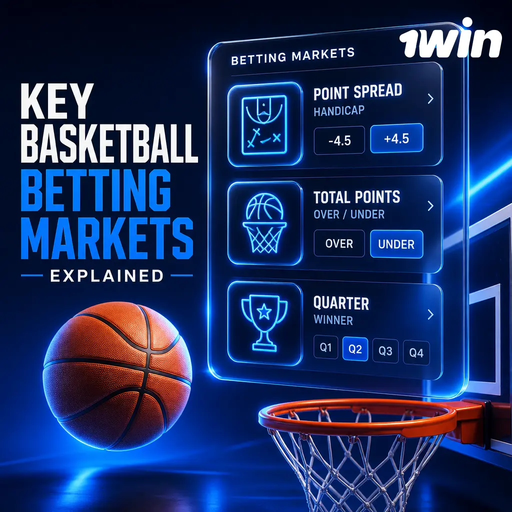Overview of key basketball betting markets on the 1win app: spread, moneyline, totals, quarter bets, player props, and margin.