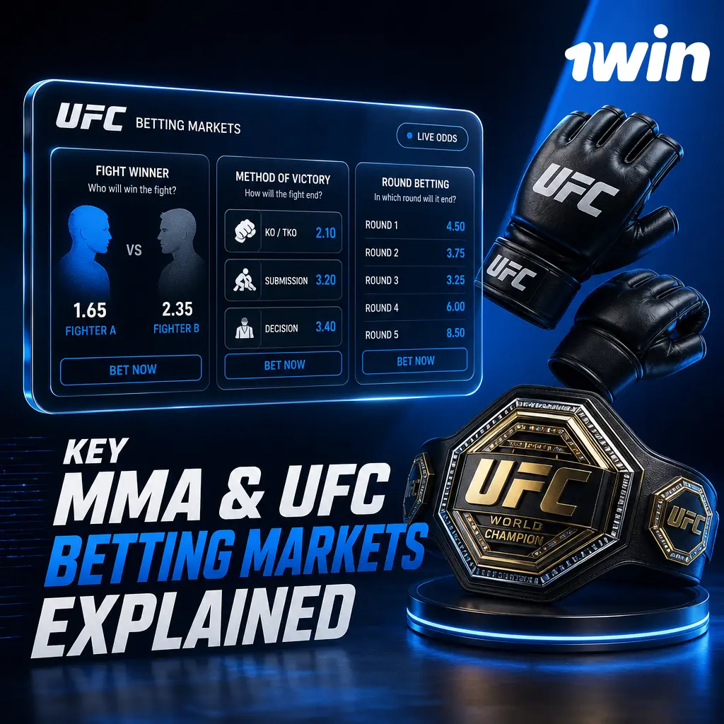 MMA & UFC betting markets on 1win: moneyline, method of victory, total rounds, round betting, and more.