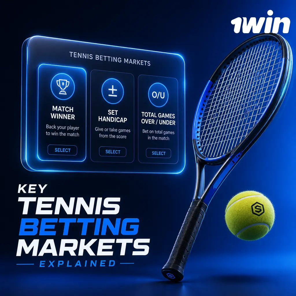 1win tennis betting markets: match winner, set betting, total games, handicap, correct score, and first set winner odds explained.