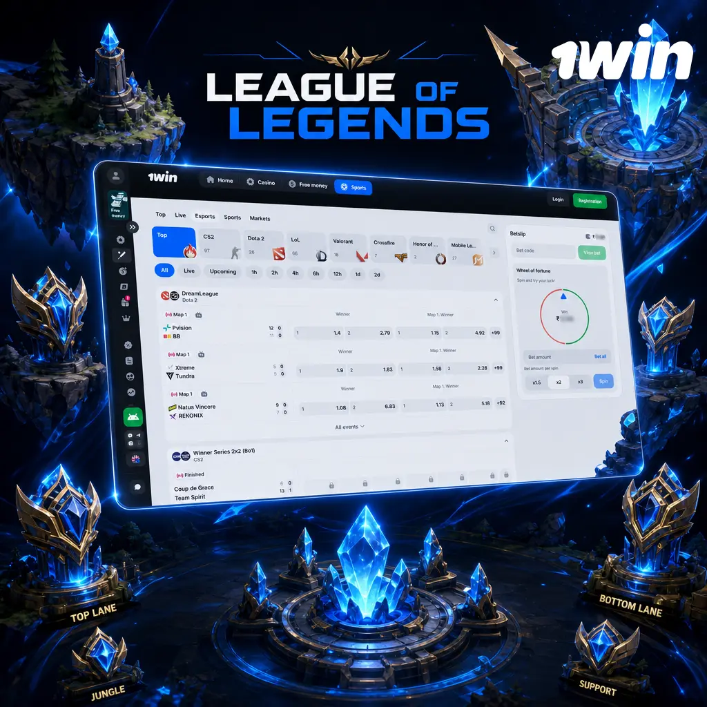 League of Legends esports betting markets on 1win: first blood, towers, kills, and match winner odds for LCK, LPL, LEC, MSI, and Worlds