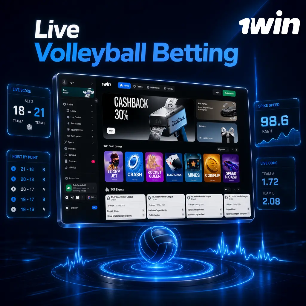 Live volleyball betting on 1win with real-time odds updates after every point, set handicaps, and total points markets.
