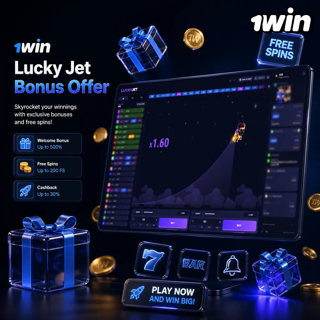 1win Lucky Jet welcome bonus: up to 600% deposit match plus 500 FS across your first four deposits.