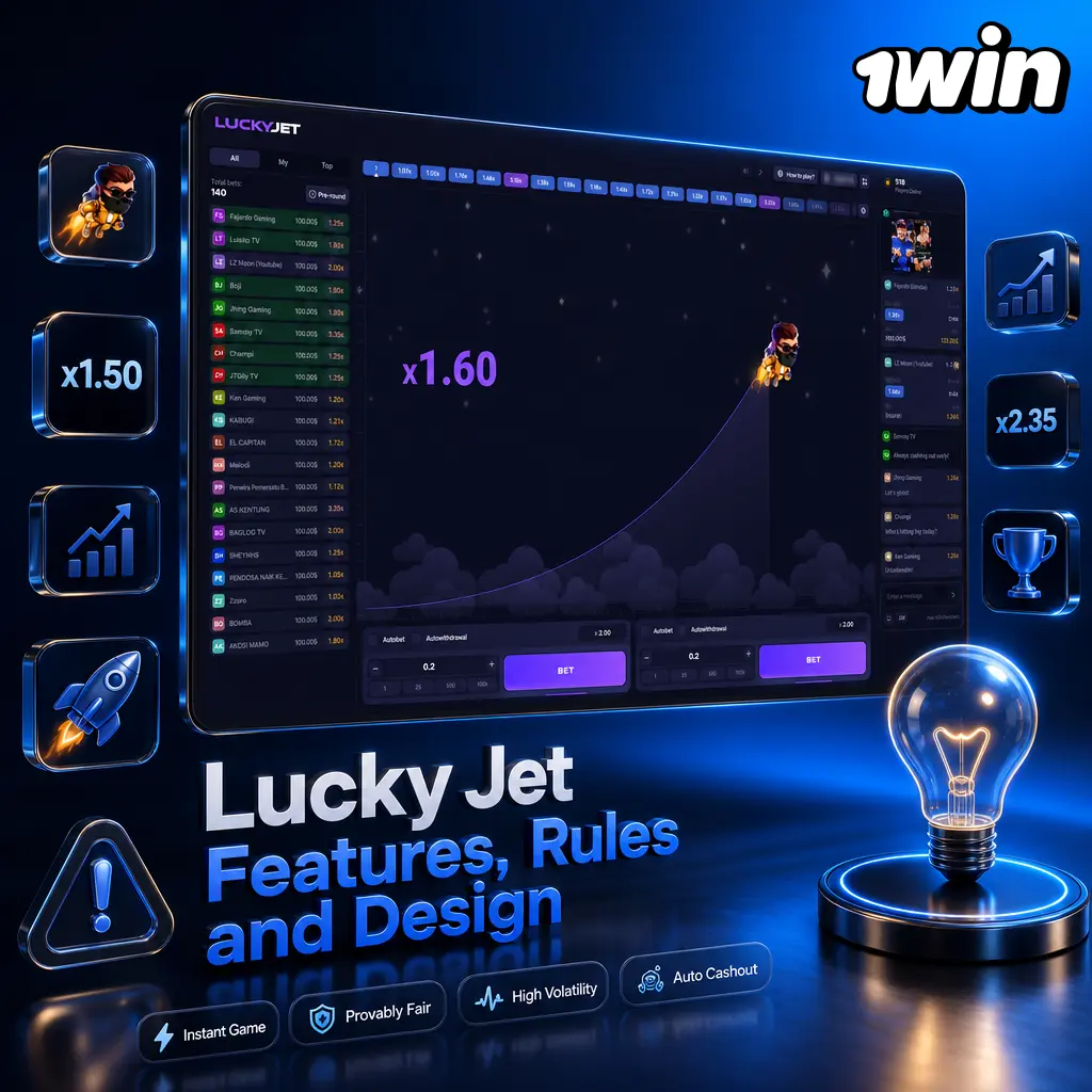 Lucky Jet crash game interface showing rising multiplier, neon pilot, and night sky design on 1win.