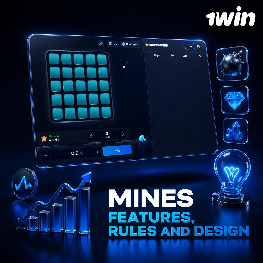 1win Mines online game showing 5x5 grid with gem and mine cells, 96.5% RTP pick-and-reveal format