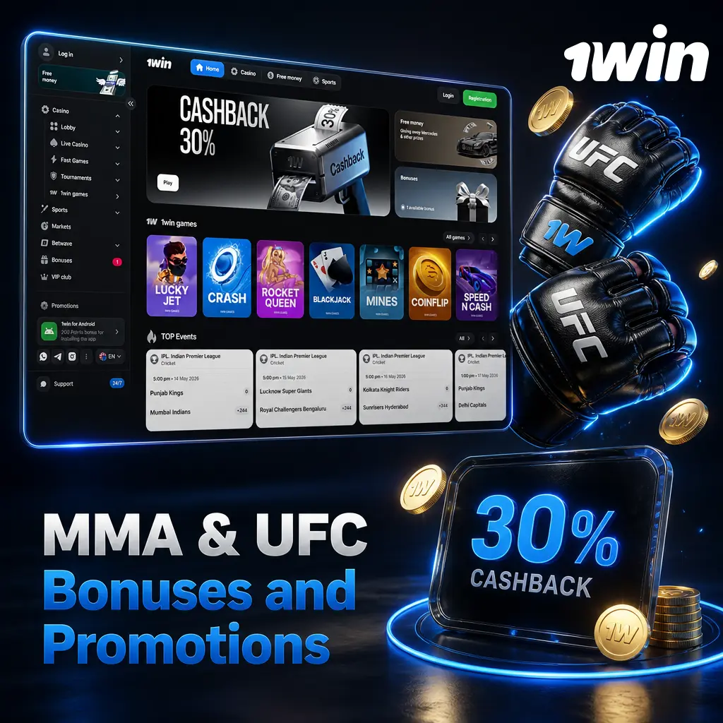 1win MMA & UFC bonuses: up to 600% deposit match plus 500 free spins, boosted odds on 2026 UFC PPV cards.
