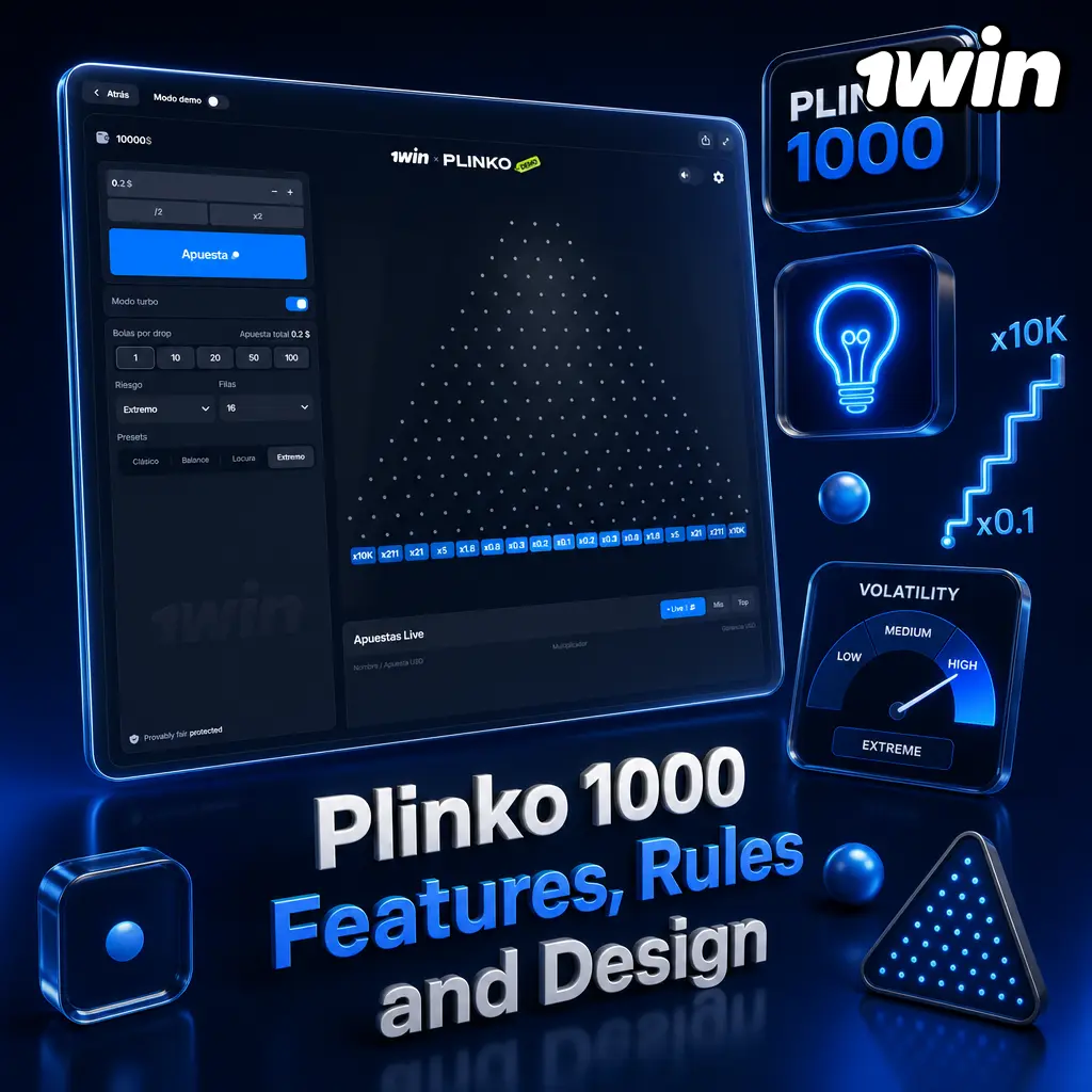 Plinko 1000 by 1Win Games: neon-lit pin board, adjustable risk, rows, and multipliers up to 1000x with 99.16% RTP.