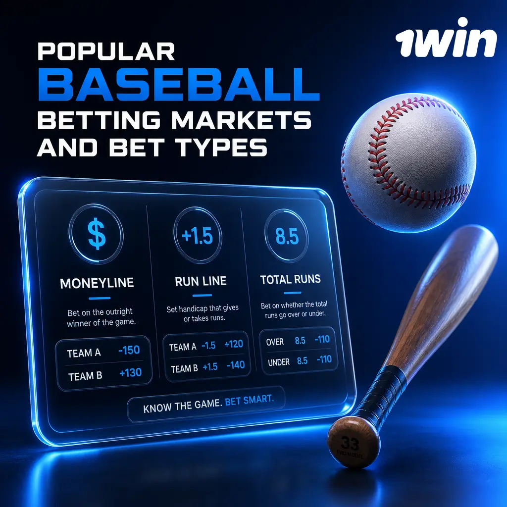 1win baseball betting markets: Moneyline, Run Line, Totals, Prop Bets, Series Winners, and Live Betting across MLB, NPB, KBO leagues.