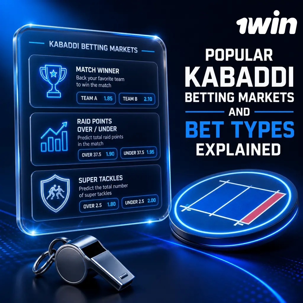Popular Kabaddi betting markets on 1win: match winner, total points, raid points, tackle points, super tackles, and first to 10.