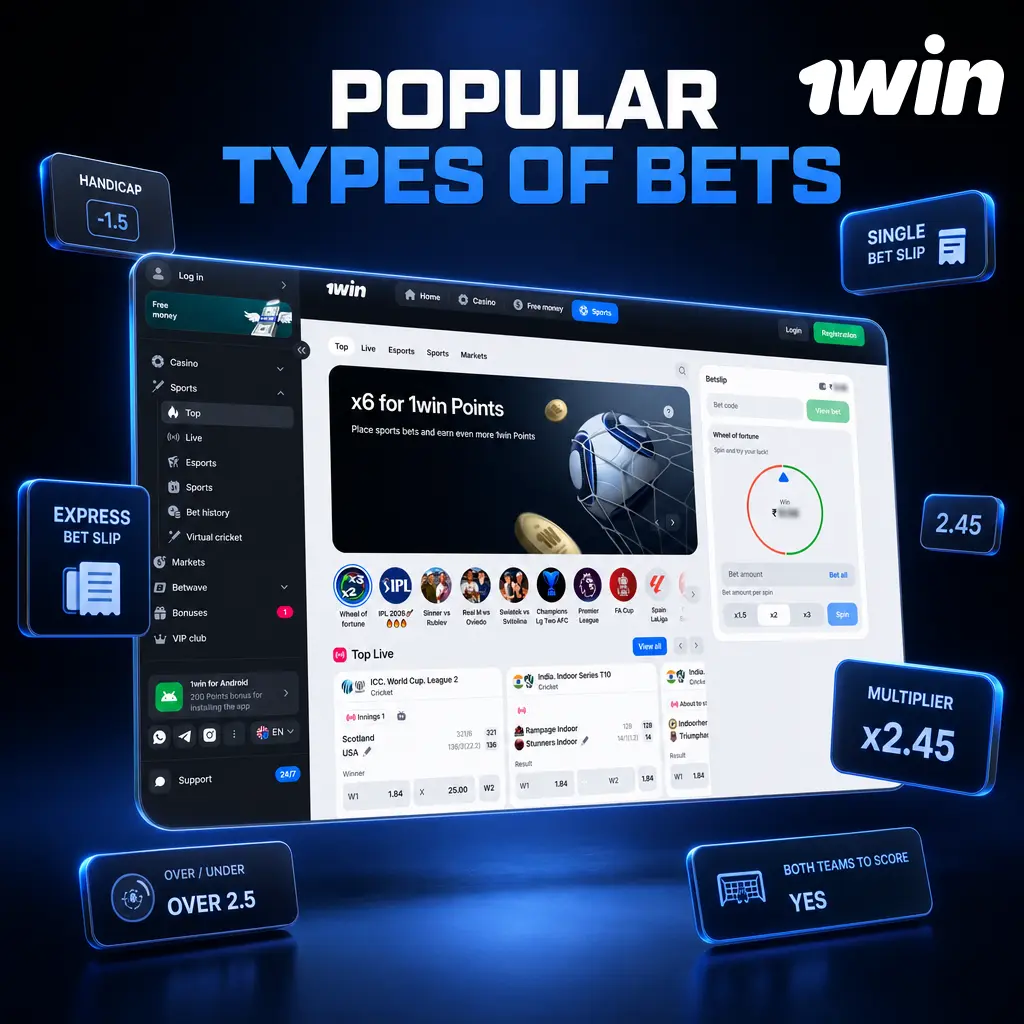 Overview of popular bet types on 1win: single, express, system, chain, and bet builder options for bettors.