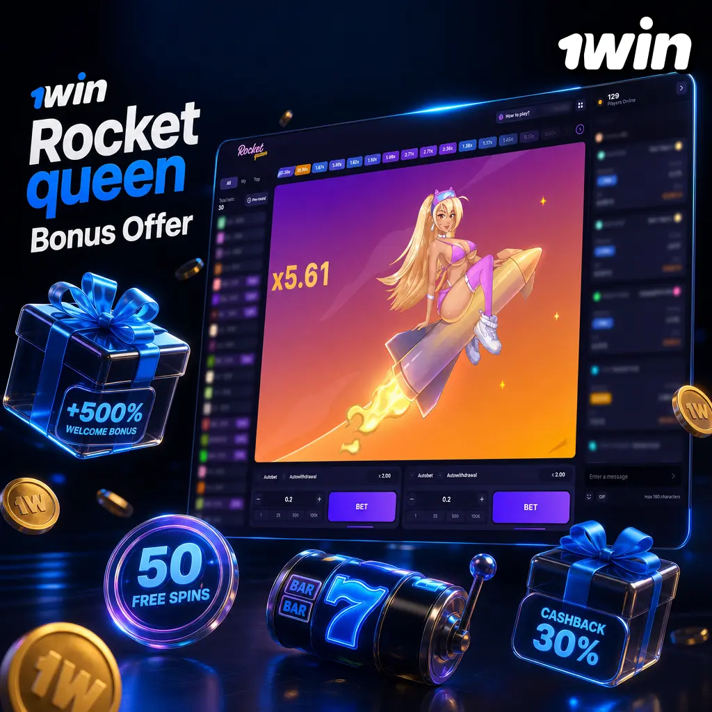 1win Rocket Queen bonus offer: welcome package with deposit bonus and free spins for new casino players
