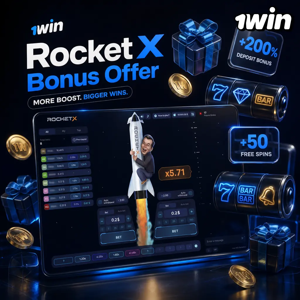 1win Rocket X welcome bonus offer showing deposit match percentages and free spins for new players