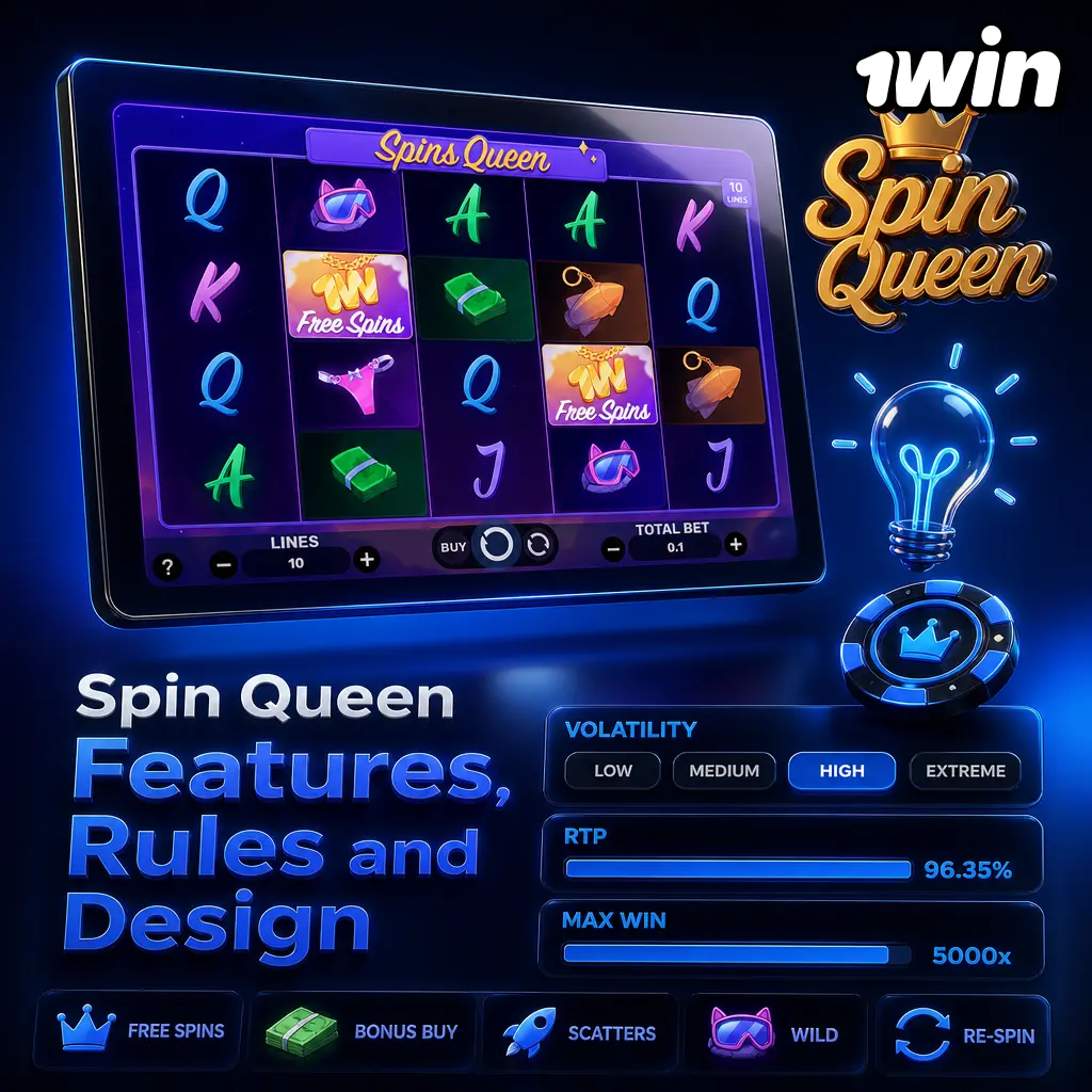 Spin Queen slot on 1Win: 5-reel, 20-payline game with cascading wins, crown scatters, and 96% RTP.