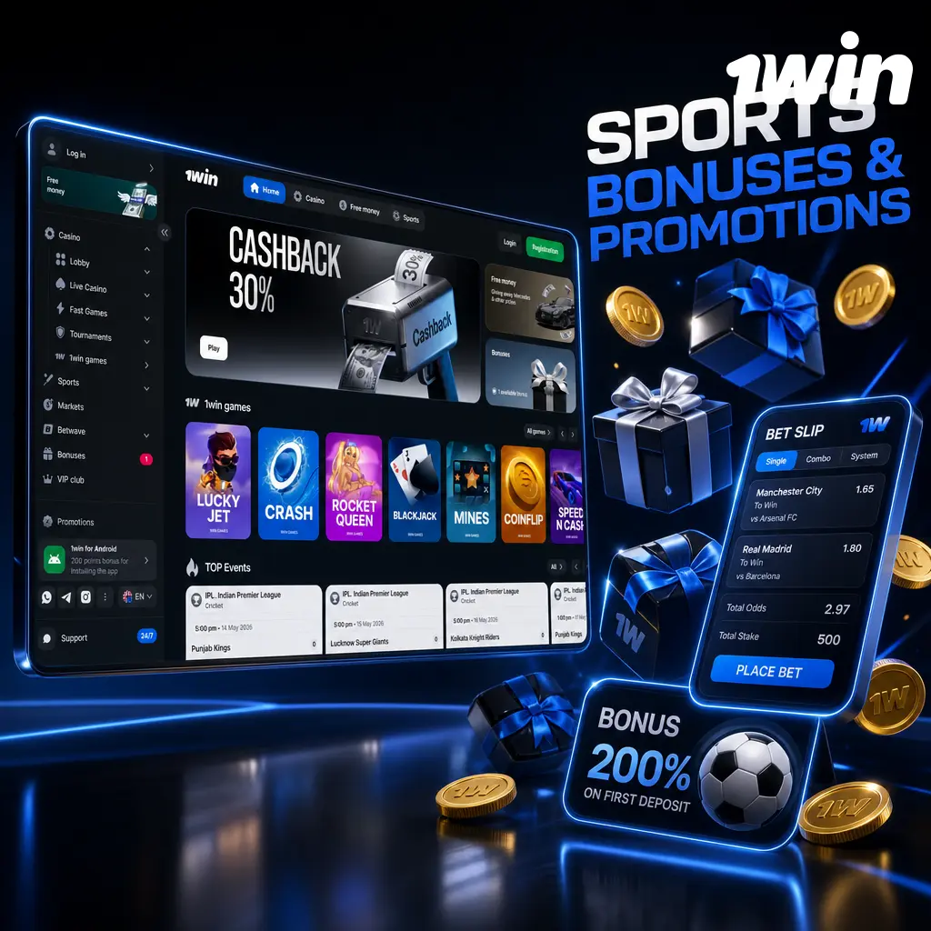 1win sports bonuses: welcome offer, crypto deposit bonus, accumulator boost, bet of the day, and VIP cashback rewards.