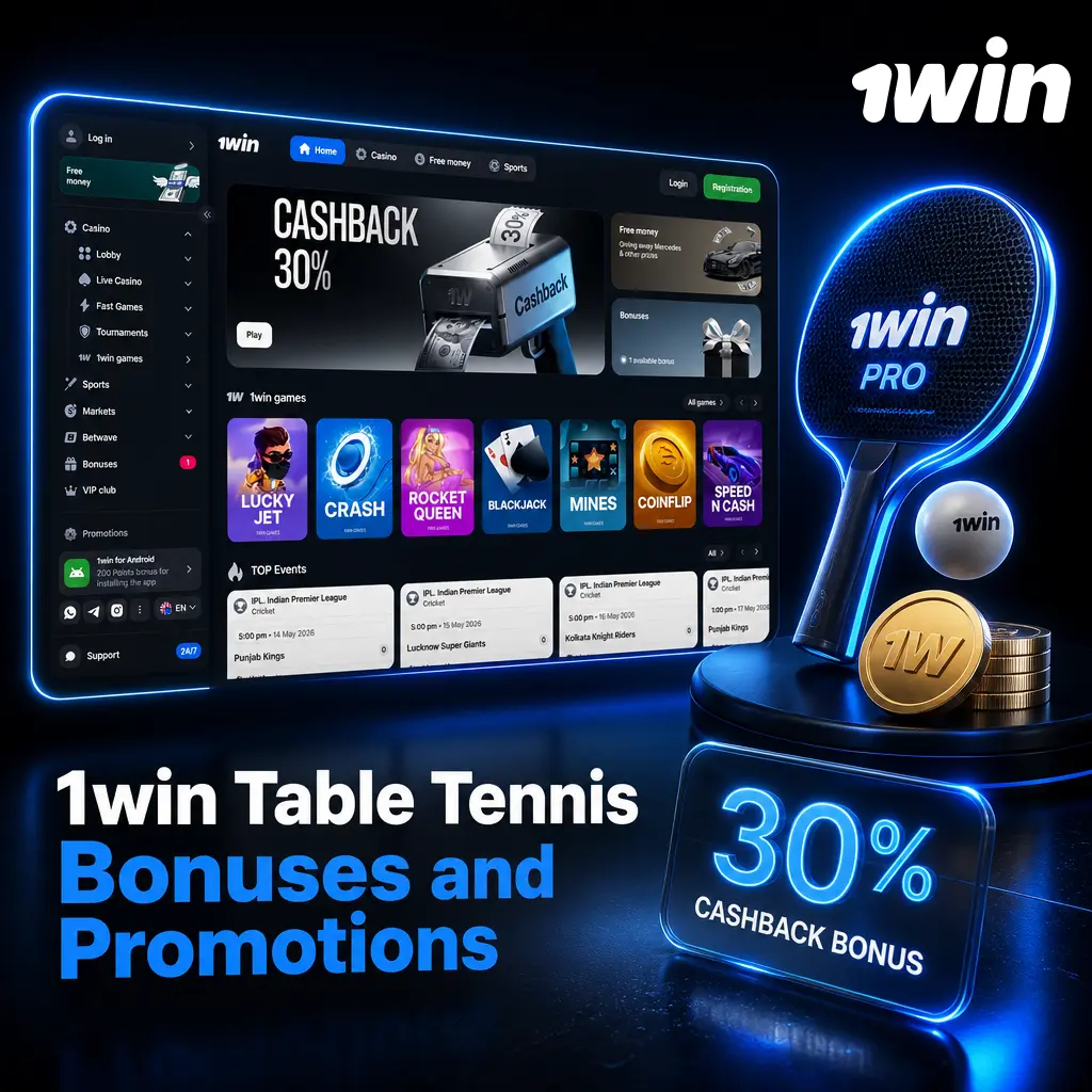 1win table tennis bonuses: up to 600% + 500 FS welcome package, plus accumulator boosts on multi-match sportsbook tickets.