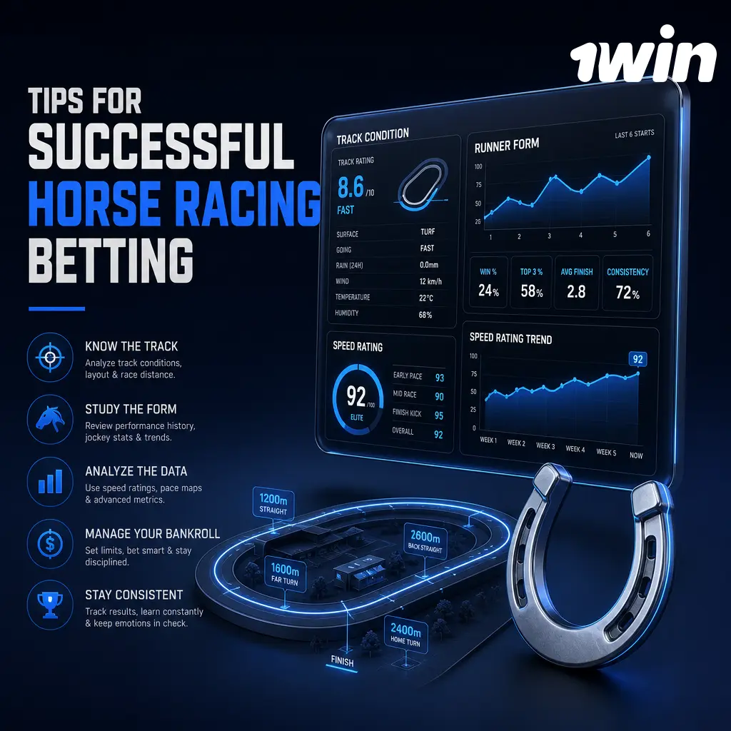 Tips for successful horse racing betting: form analysis, track conditions, bankroll management, and 1win tools like Bet Builder and Cash Out.