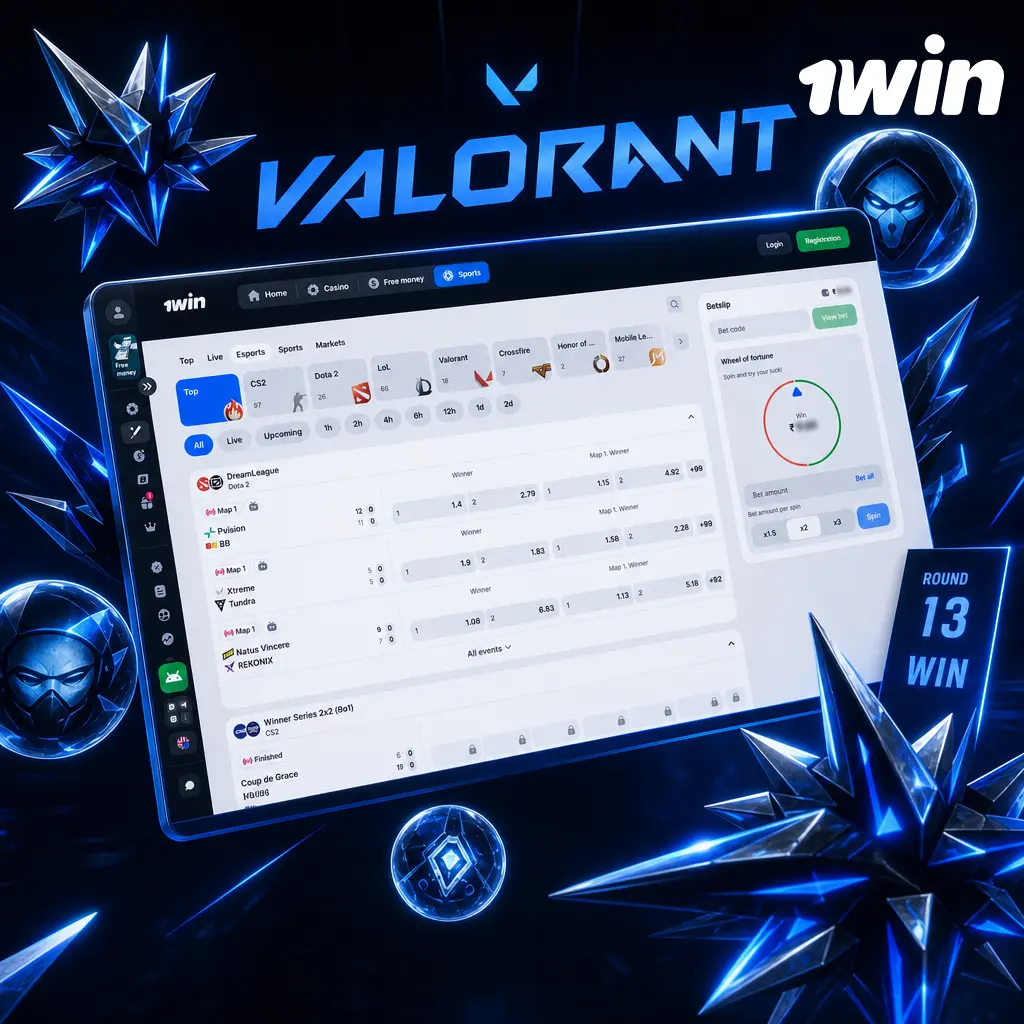 Valorant esports betting: 5v5 spike plant and defuse action across three maps at 1win, with live round-by-round odds