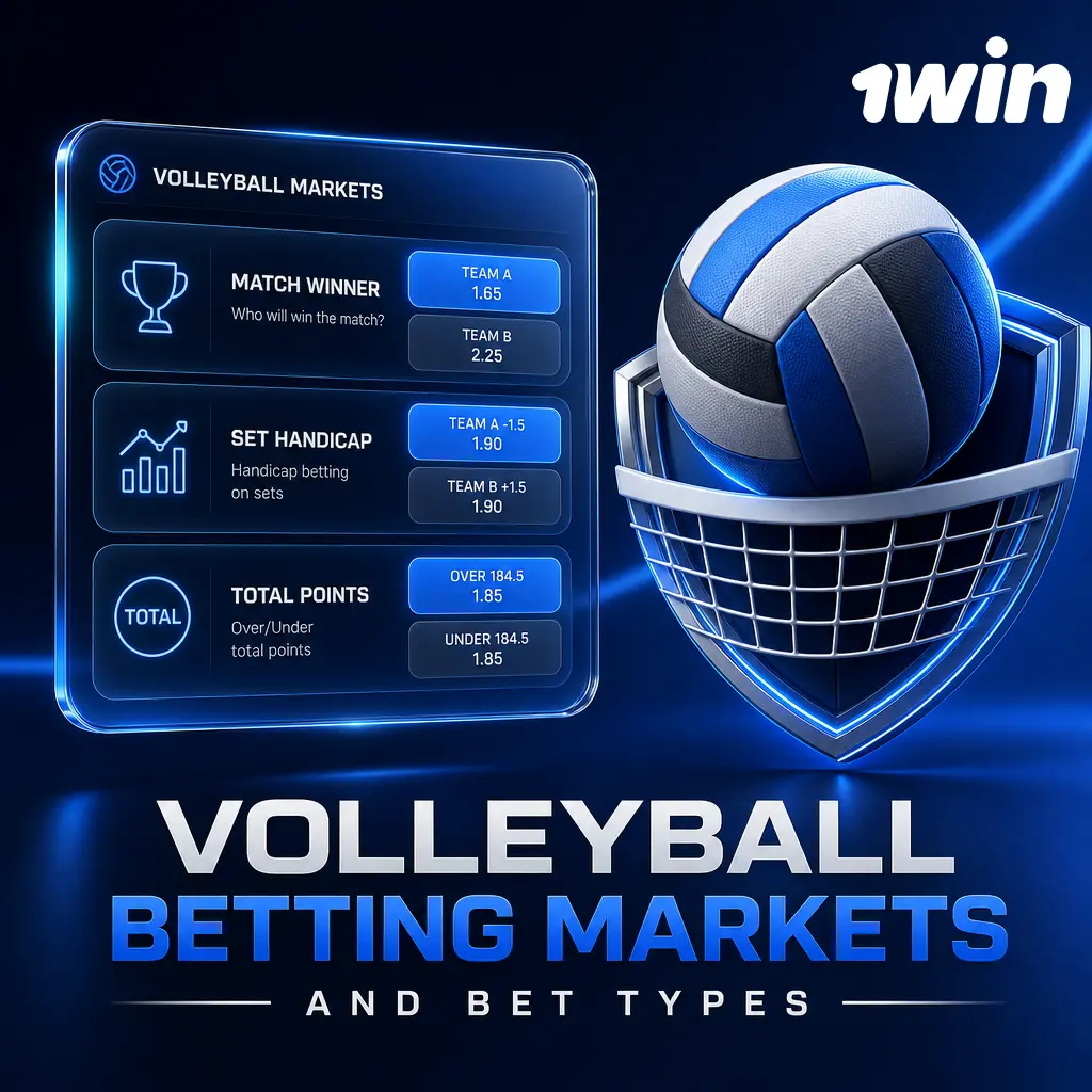 1win Volleyball betting menu showing six market types: Match Winner, Set Handicap, Total Sets, Total Points, Correct Set Score, First Set Winner