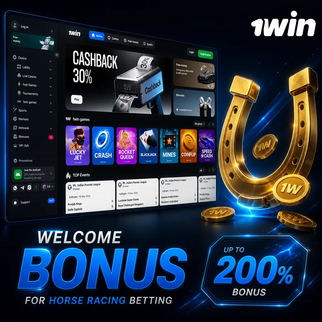 1win welcome bonus up to 600% plus 500 free spins for horse racing betting on Win, Place, and Exacta markets.