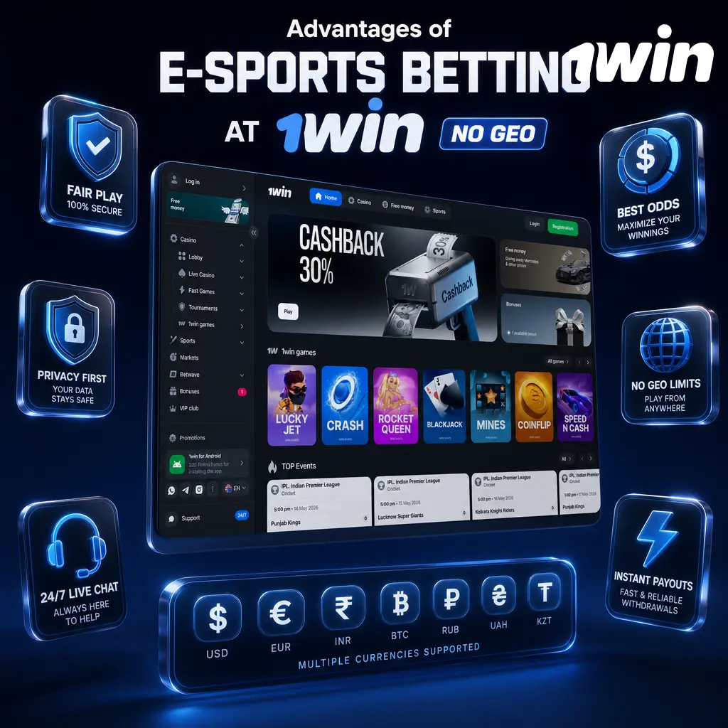 1win esports live betting platform showing mobile app, bet types, and crypto payment options for competitive gaming fans