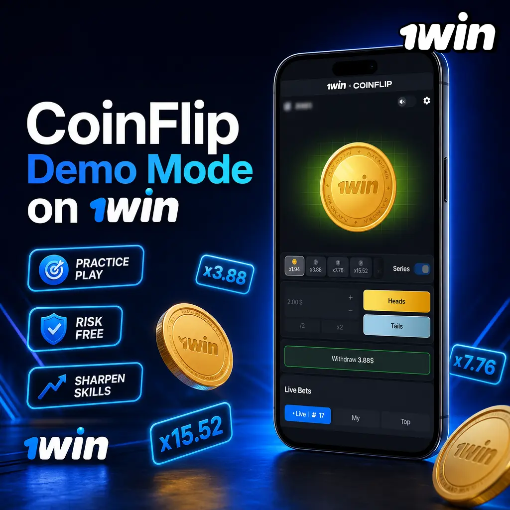 CoinFlip demo mode on 1win with free virtual credits, streak multiplier, and cash out feature active
