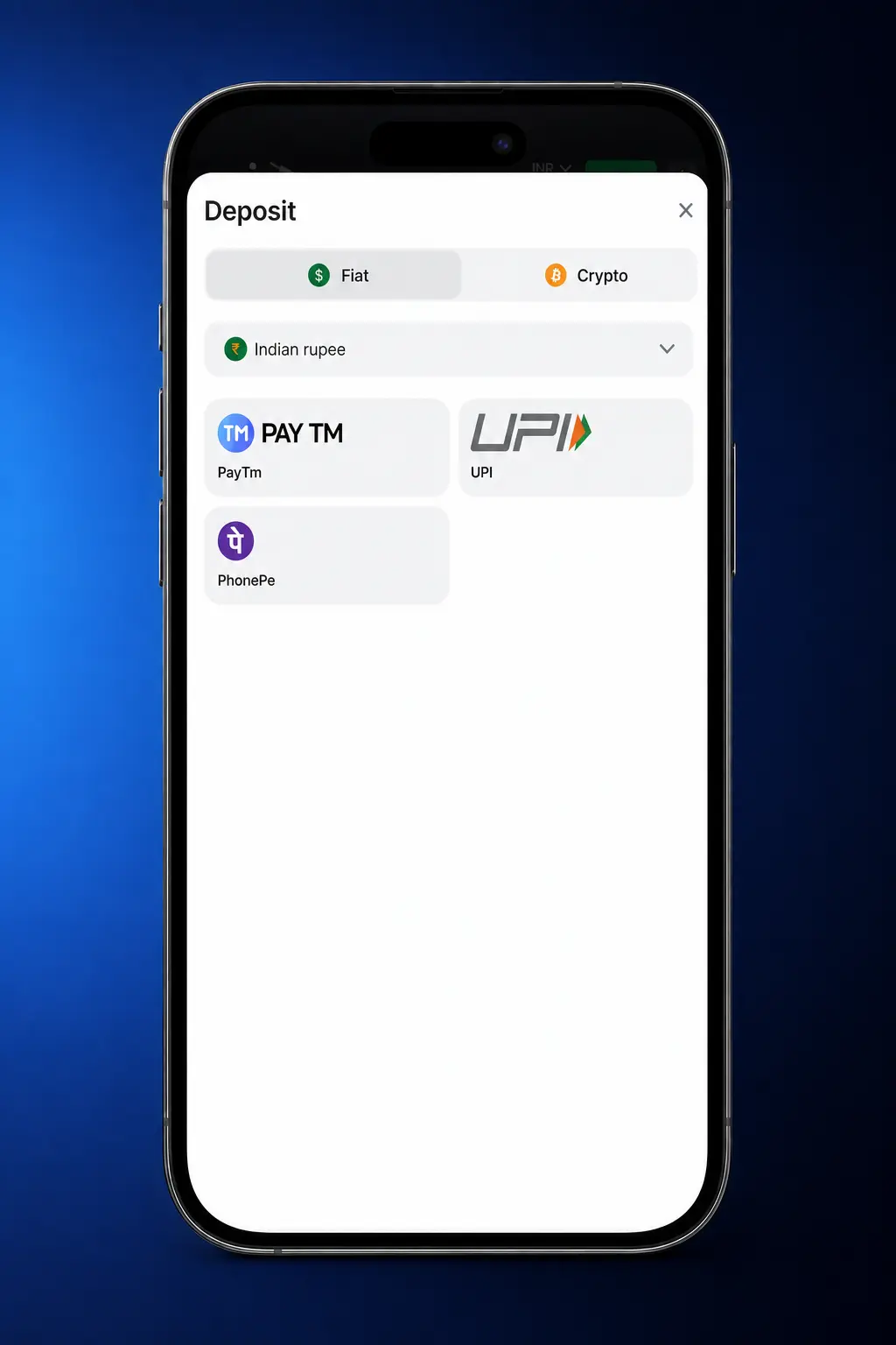 Step-by-step guide showing how to deposit funds on 1win in India using UPI, PhonePe, Paytm, or crypto