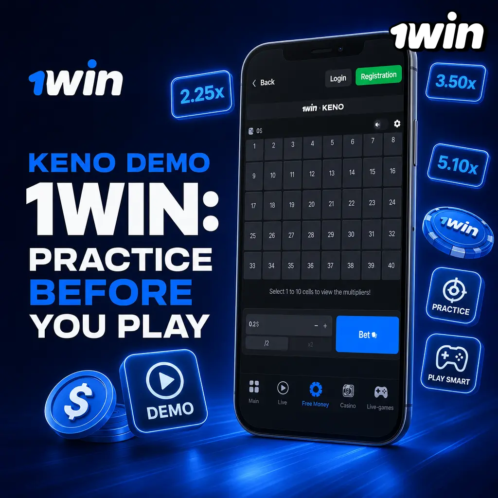 Keno demo on 1win with virtual credits, 97% RTP, and full draw animation for practice play