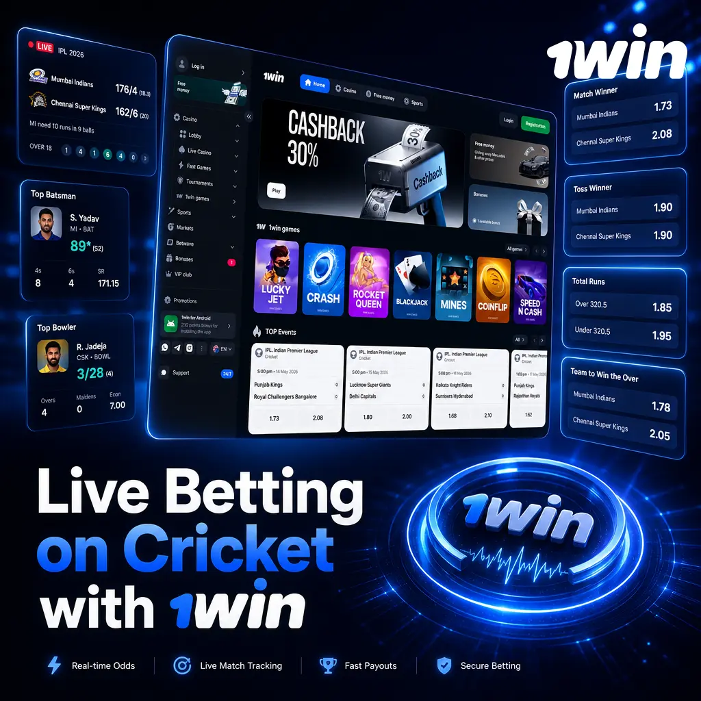 1win live cricket betting interface showing updated odds, cash out option, and stats panel during a match