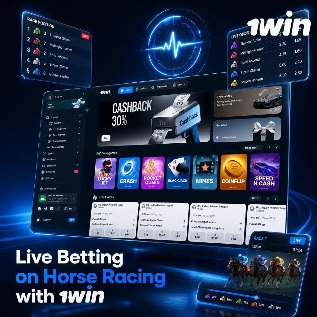Live betting on horse racing with 1win: live streaming, real-time odds, fast cash out, and in-play Win and Place markets.