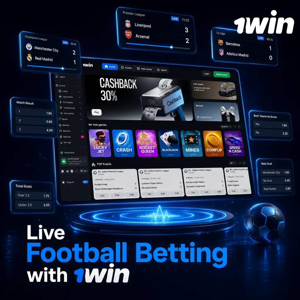 Live football betting interface on 1win showing real-time odds, cash out option, and match tracker stats