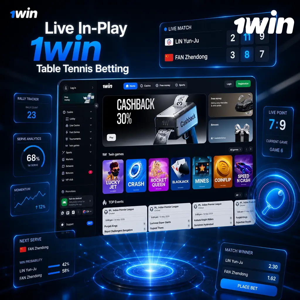 Live in-play 1win table tennis betting with real-time odds, set markets, and point-by-point stats coverage.