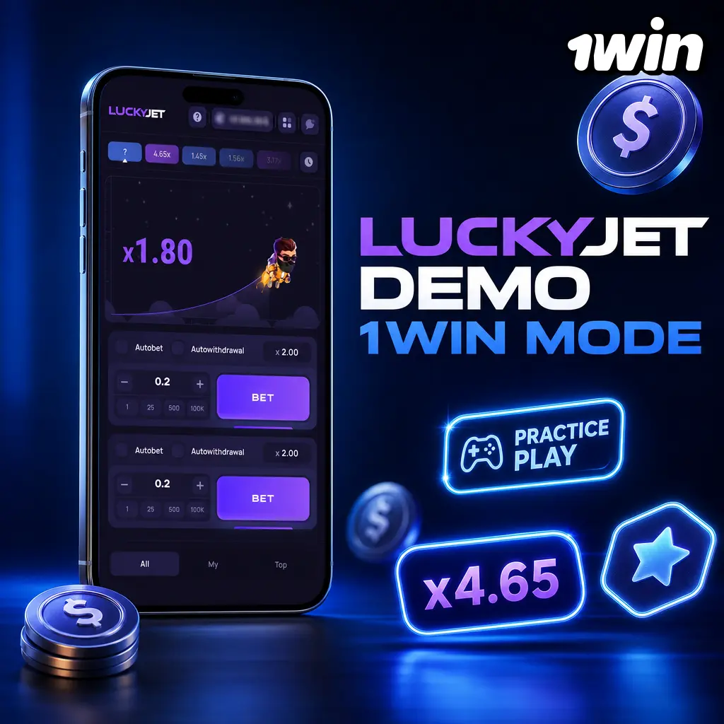 Lucky Jet demo mode on 1win showing multiplier mechanic and auto cash out settings with virtual credits
