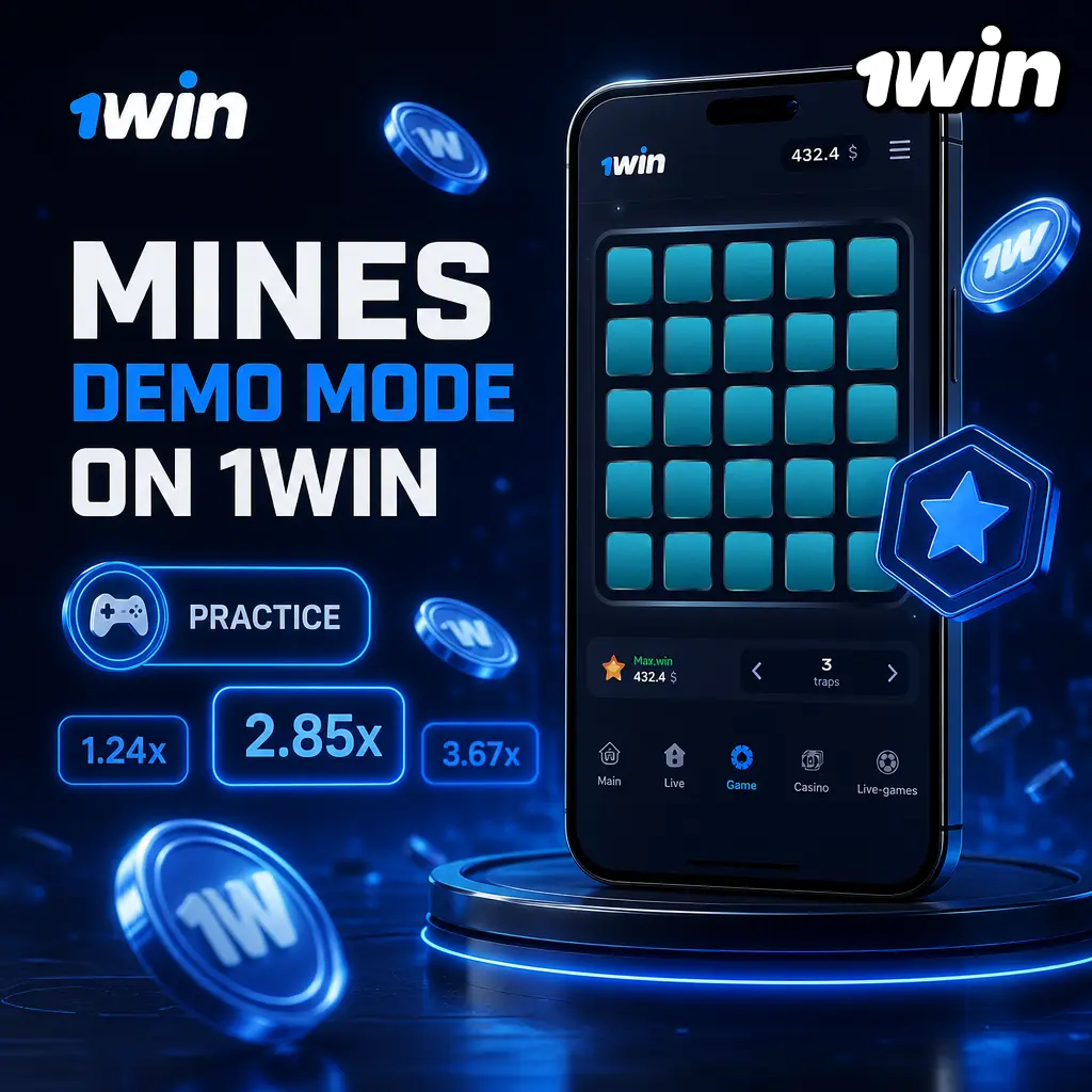 Mines demo mode on 1win casino lobby showing virtual credit balance and adjustable 5x5 grid mines count