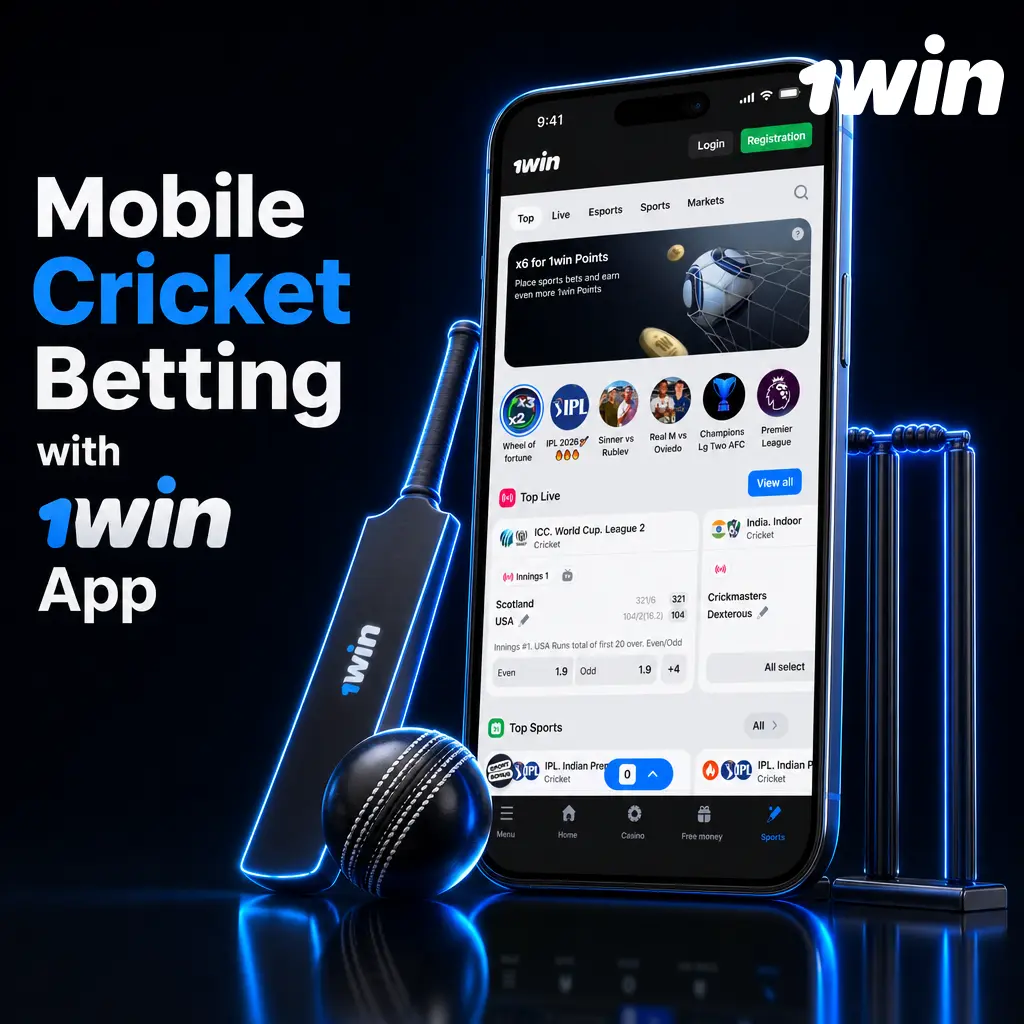 1win app screen showing cricket sportsbook with live matches and betting markets for mobile betting