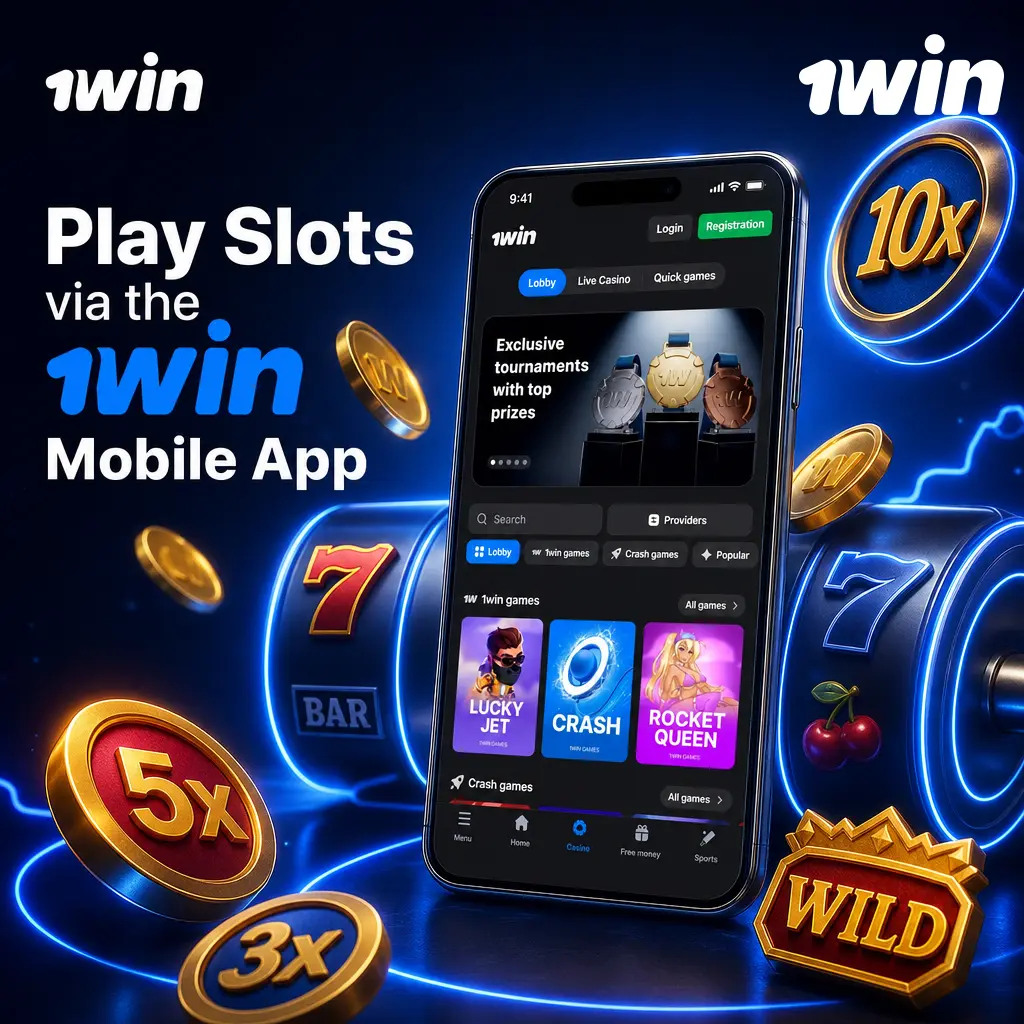 1win mobile app lobby showing slot games with quick access to Casino, Sports, Promotions, and Wallet tabs